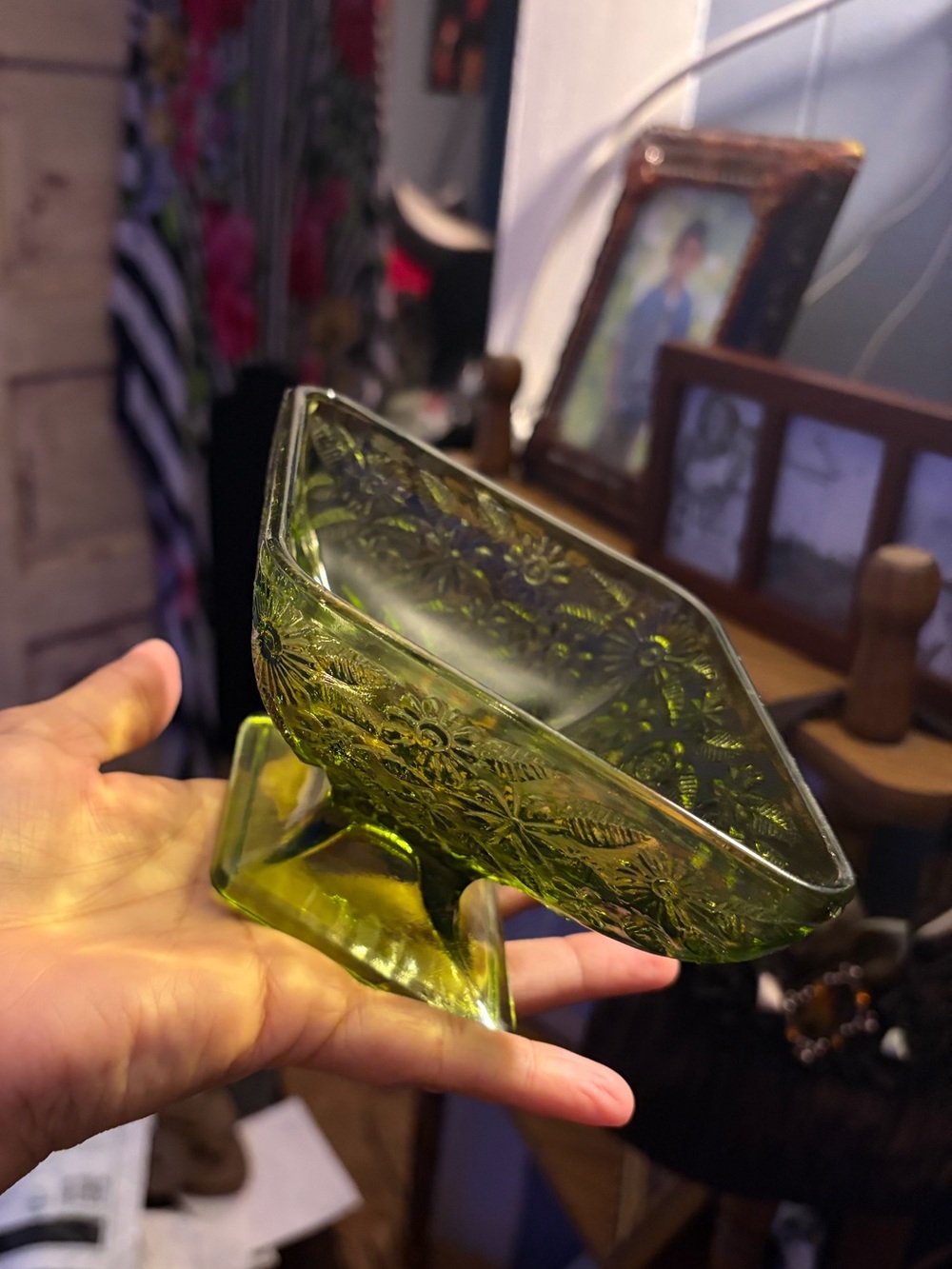 Green Glass Pedestal Bowl - Home Art Indiana glass Diamond Candy trinket dish